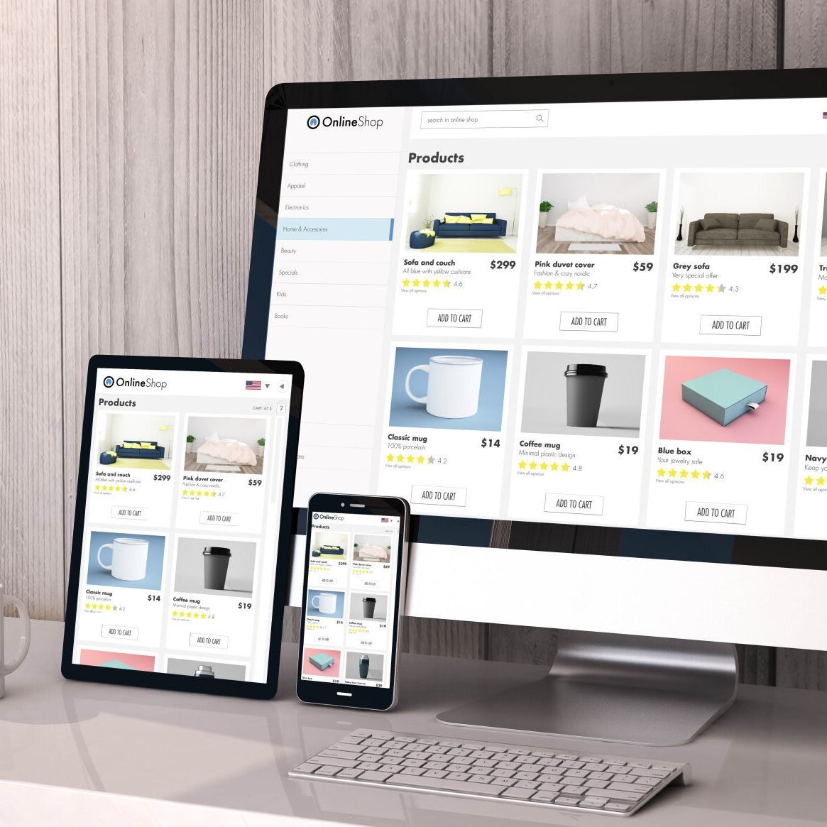 Digital generated devices on desktop, responsive online shop on screen. All screen graphics are made up. 3d rendering.